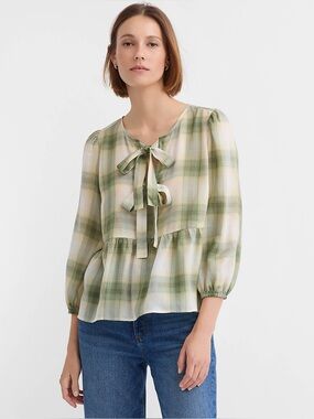 LOFT Plaid Bow Peplum Top Green Yellow Plaid Blouse